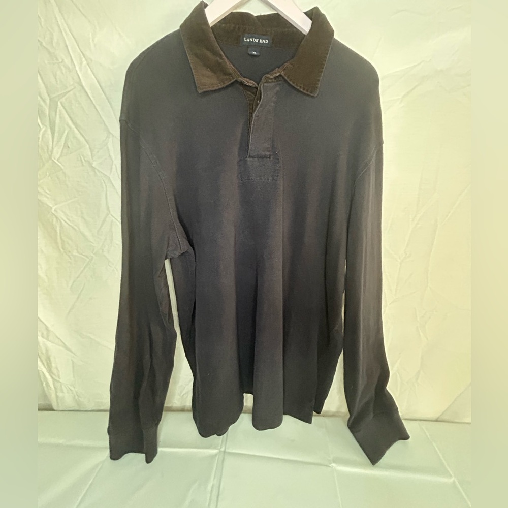 Lands' End Men's Dark Blue with corduroy brown collar Polo/Rugby  XL